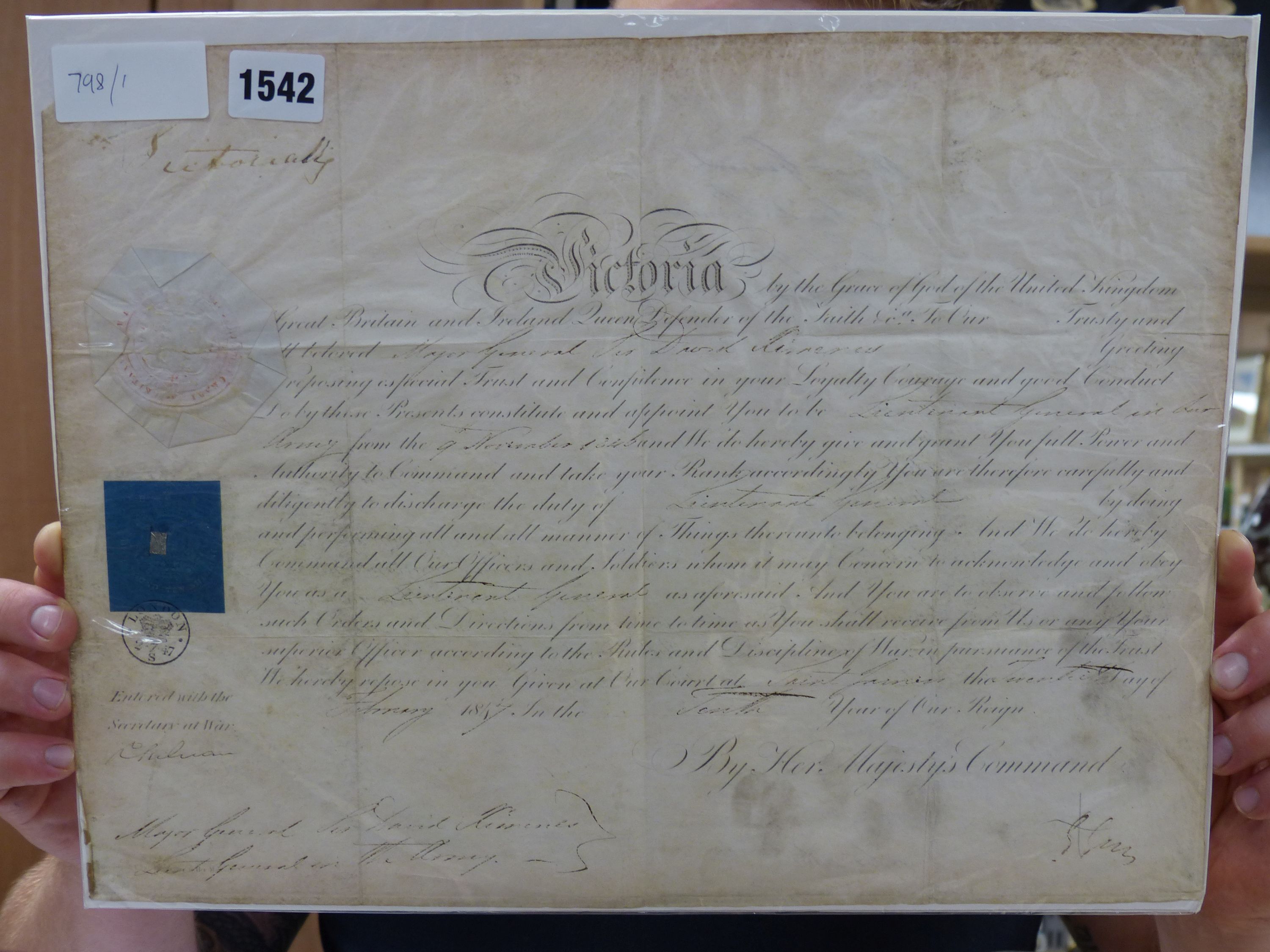 A Victorian document of promotion to Lieutenant General sir David…? Stamped 1847